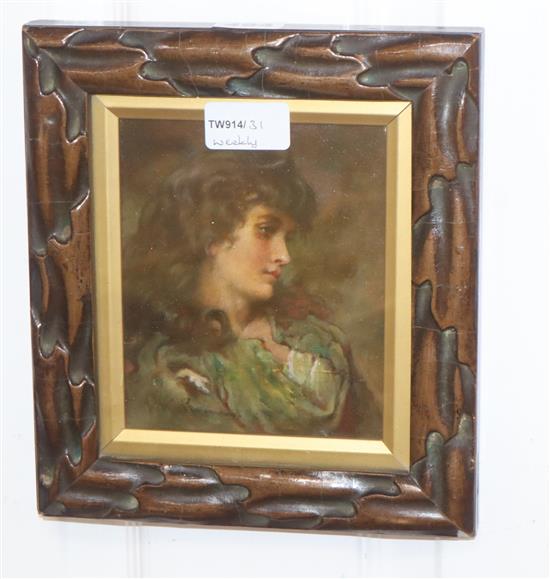 J* M* P*, Head and shoulder portrait of a young lady wearing a green dress, oil on board, 14.5 x 12cm